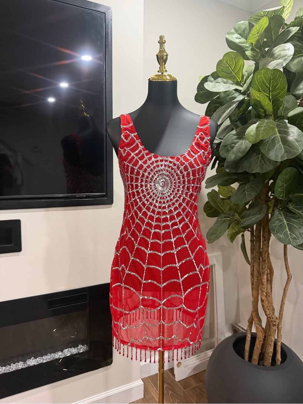 Mew Mews Calyx Scoop Neck Cobweb Sequin Mini Dress In Red